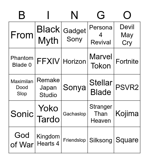 Sony State of Play 12/02/2026 Bingo Card