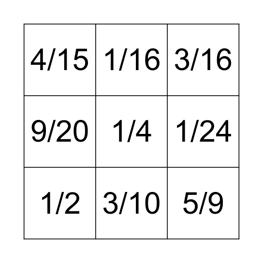 Multiplication of Fractions Bingo Card