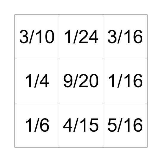 Multiplication of Fractions Bingo Card