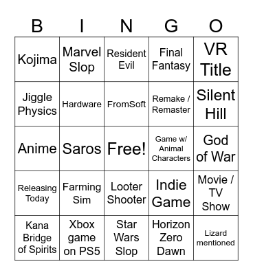 Sony State of Play Bingo Card