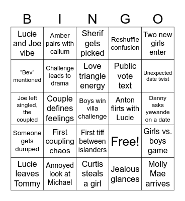Love island UK Bingo Card