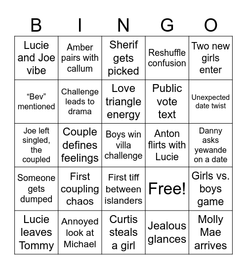 Love island UK Bingo Card