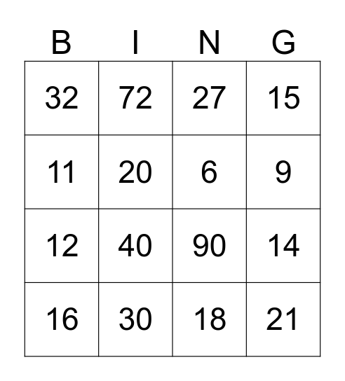Tafel Bingo Card