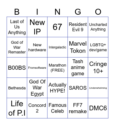 Sony State-of-Play Binogo Bingo Card