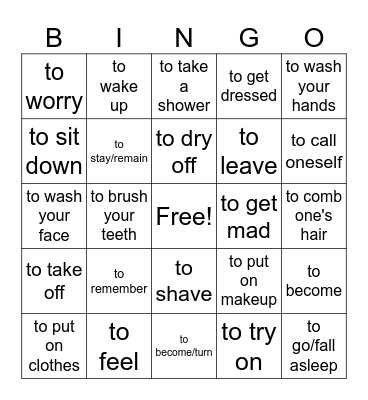 Reflexive Verbs Bingo Card