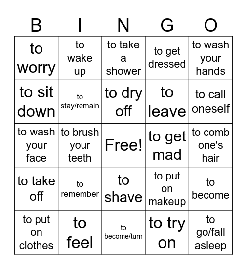 Reflexive Verbs Bingo Card