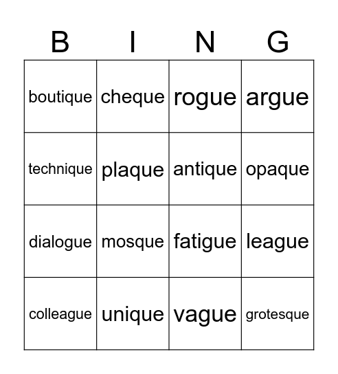 words with gue and que Bingo Card
