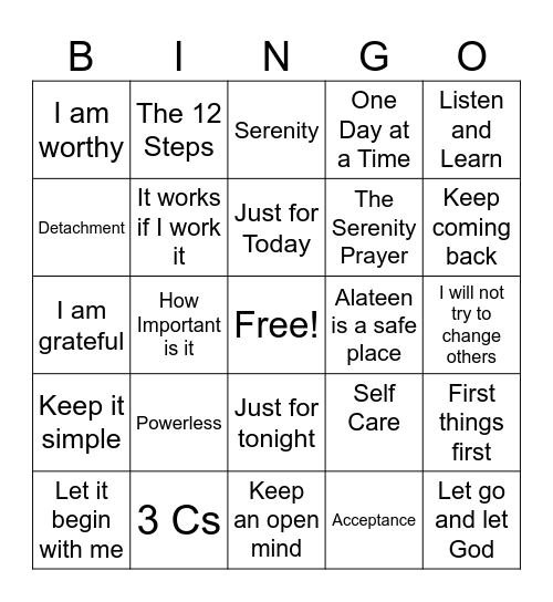 Alateen Bingo 2 Bingo Card
