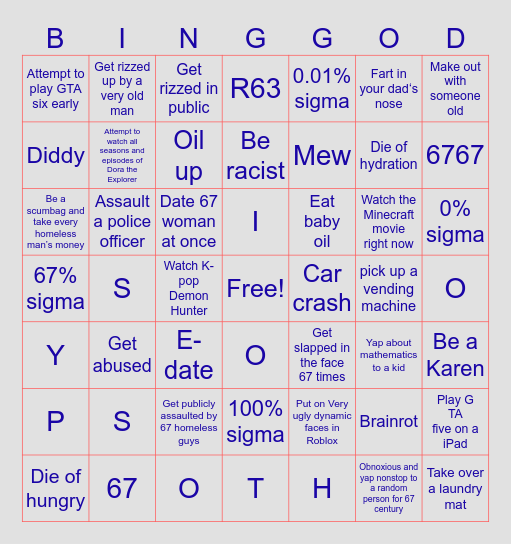 The ultimate obnoxious and sus funny bingo Card