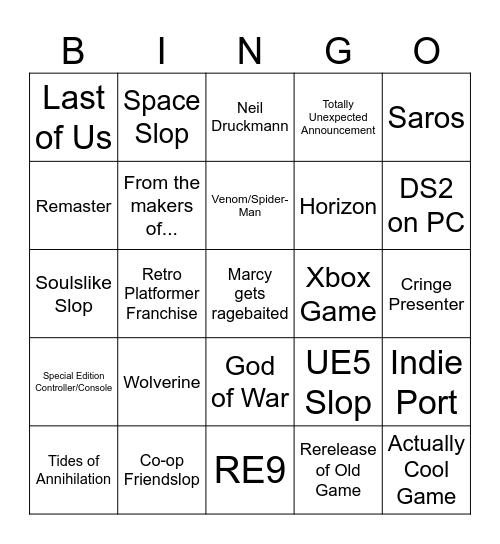 State of Play Bingo Card