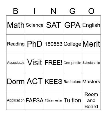 College Readiness Bingo Card