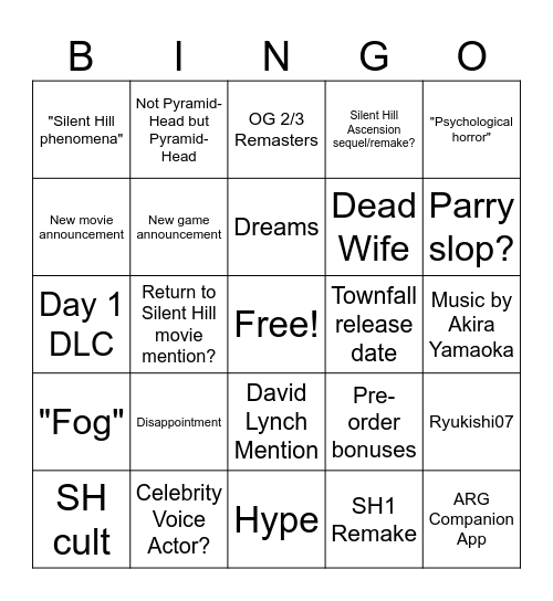 Silent Hill Bingo Card