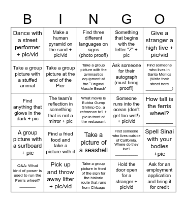 Santa Monica Pier Scavenger Hunt Bingo Card