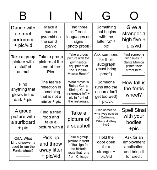 Santa Monica Pier Scavenger Hunt Bingo Card