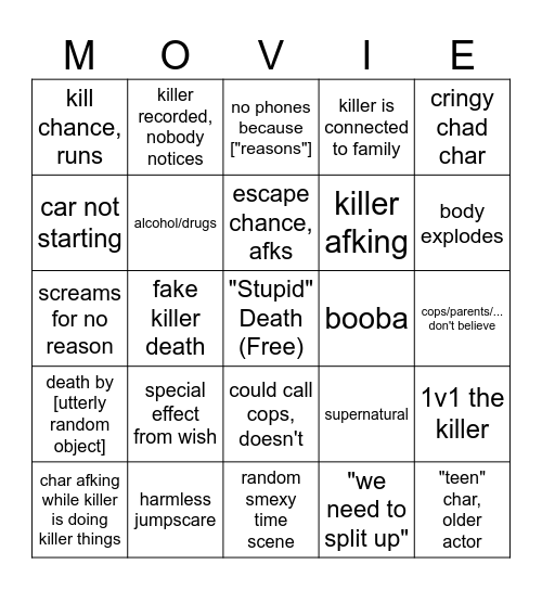 Trashy Horror Movie Bingo Card