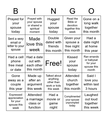 Couples Marriage BINGO Card
