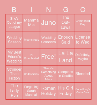 Rom-Com Bingo Card