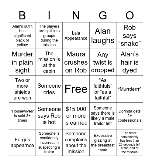 Traitors S4 E9 Bingo Card
