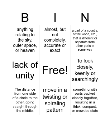 Vocabulary Bingo Card