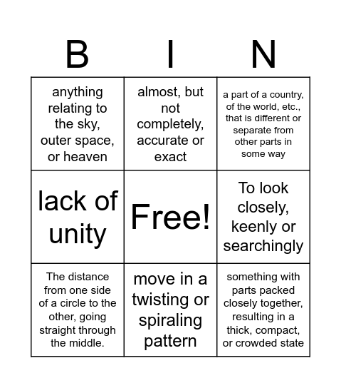 Vocabulary Bingo Card