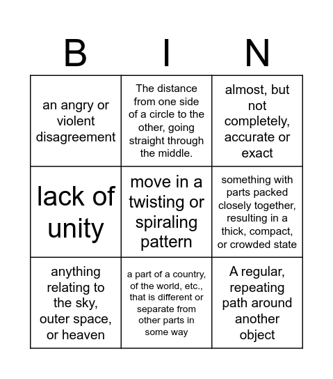 Vocabulary Bingo Card