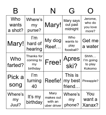 Mary’s 40th Birthday Skikend Bingo Card