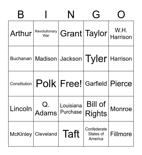 President 1-30 Bingo Card