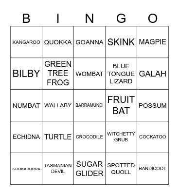 Aussie Animals Bingo Card