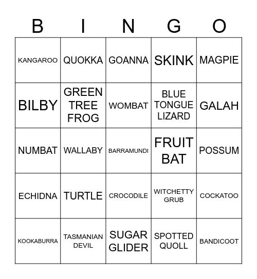 Aussie Animals Bingo Card