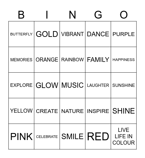 live life in colour Bingo Card