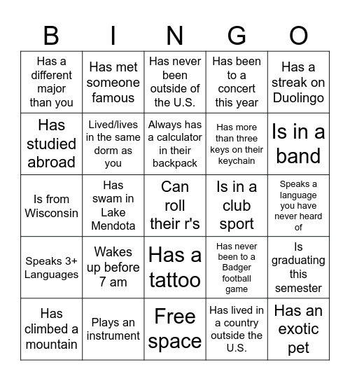 Language Connect Bingo Card