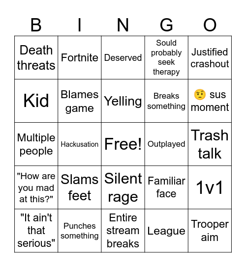 Gamers rage Bingo Card