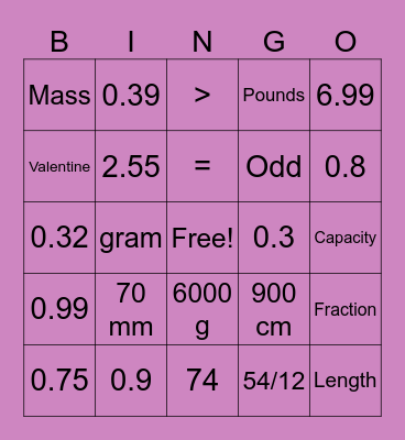 Valentine Math Review NF and MF Bingo Card