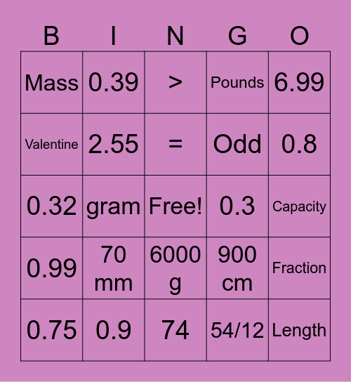 Valentine Math Review NF and MF Bingo Card