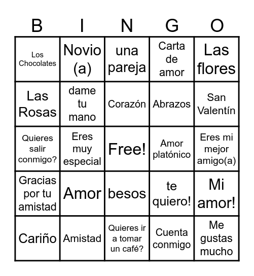 Día de San Valentín Bingo Card