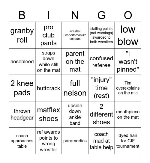 CIF wrestling bingo 2025 Bingo Card
