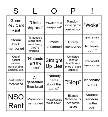 Nintendo Grifter Bingo Card