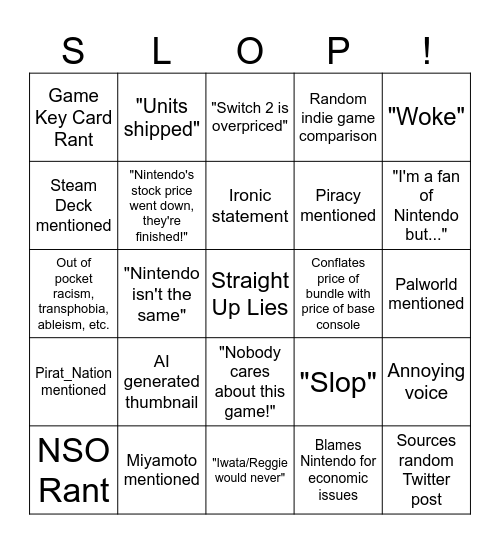 Nintendo Grifter Bingo Card