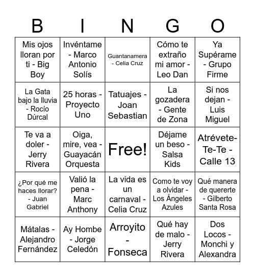 Bingo Musical Bingo Card