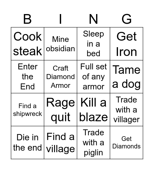 Minecraft Bingo Card
