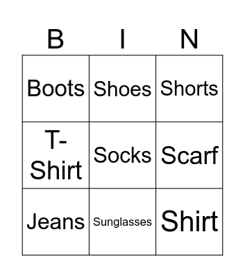 Clothes Bingo Card