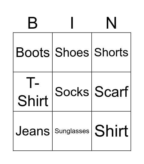 Clothes Bingo Card