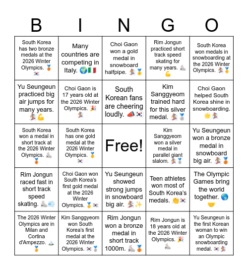 Milan Winter Olympics 2026 Bingo Card