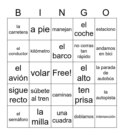 Sp 2 LaMay El transporte Bingo Card