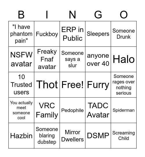 Vrchat Bingo Card