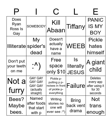 Pickle Hates Himself Bingo Card