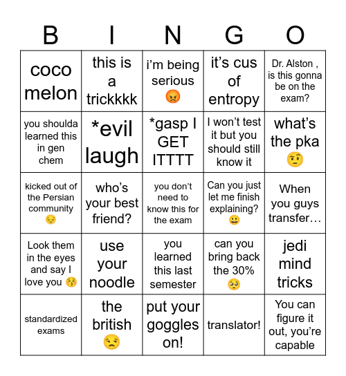 Ochem Bingo Card