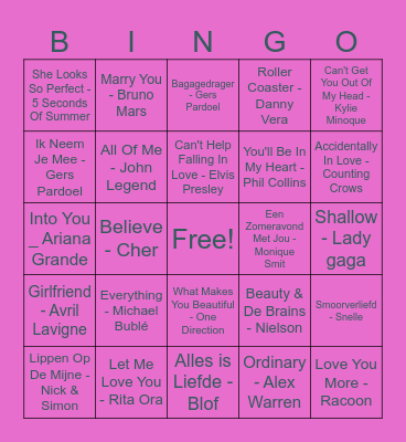 Love Songs Bingo Card