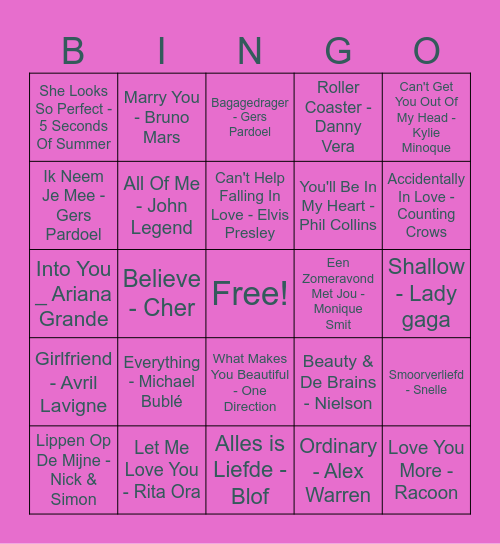 Love Songs Bingo Card