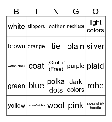 Desafío 2 - Describir la ropa (colores, diseños, materiales) Bingo Card